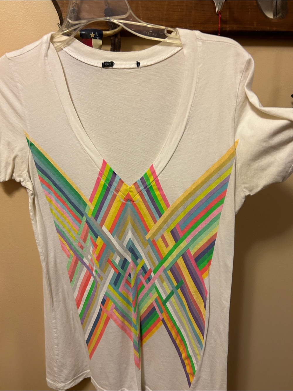 TRULY vintage cream V-Neck Tee with Bright Multicolor Chevron Graphic